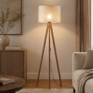 Piantana scandinava tre piedi di legno noce paralume lino beige