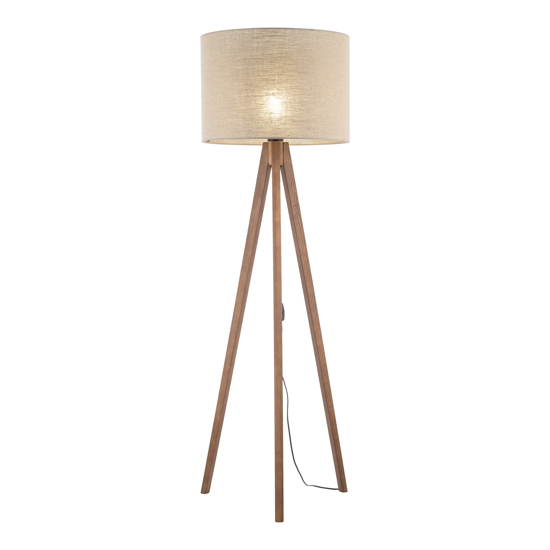 Piantana scandinava tre piedi di legno noce paralume lino beige