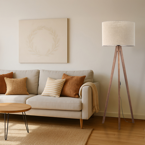 Piantana scandinava tre piedi di legno noce paralume lino beige