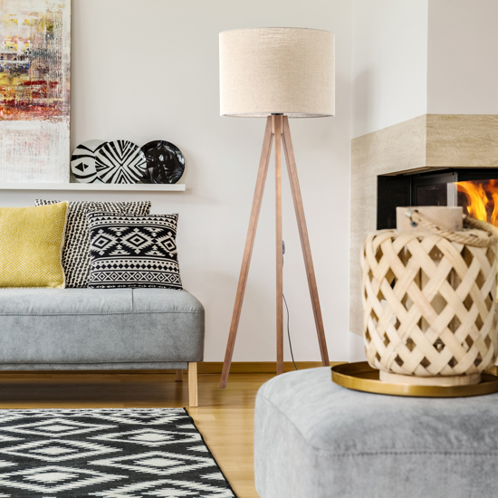Piantana scandinava tre piedi di legno noce paralume lino beige