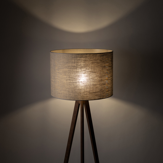 Piantana scandinava tre piedi di legno noce paralume lino beige