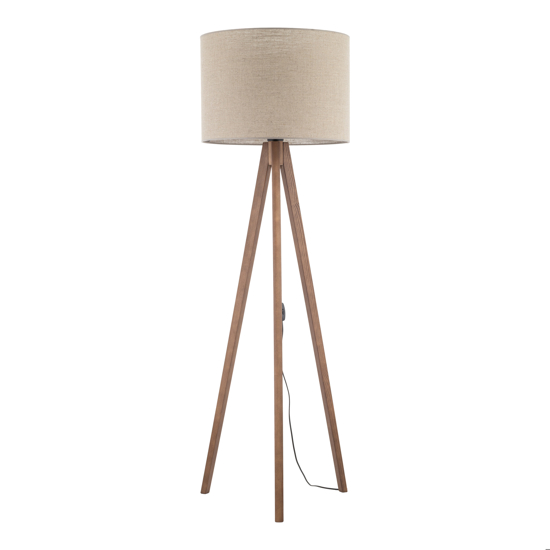 Piantana scandinava tre piedi di legno noce paralume lino beige