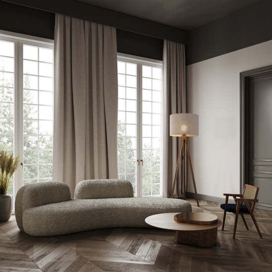 Piantana scandinava tre piedi di legno noce paralume lino beige