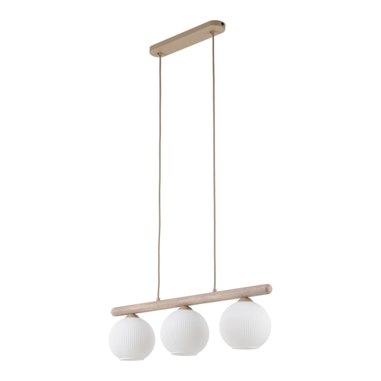 Lampadario barra di legno con sfere di vetro bianco per cucina