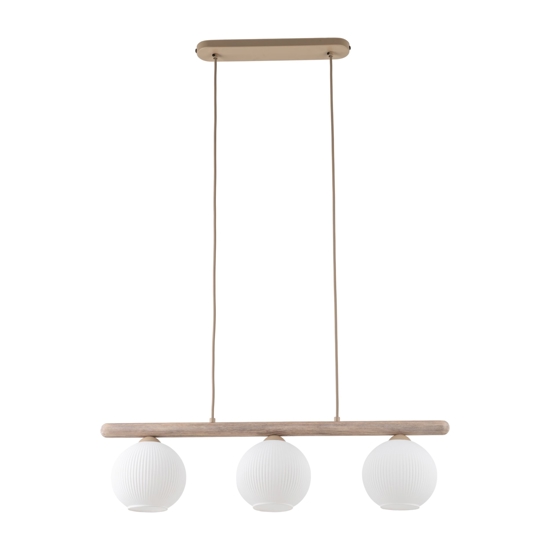 Lampadario barra di legno con sfere di vetro bianco per cucina