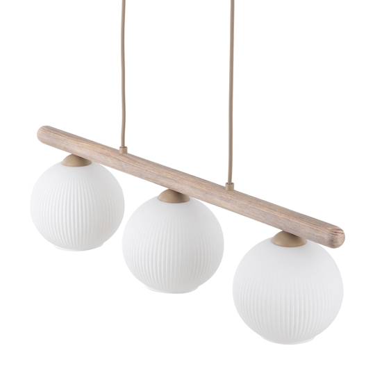Lampadario barra di legno con sfere di vetro bianco per cucina