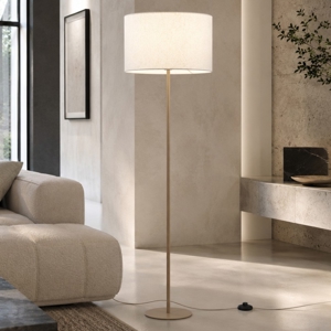 Piantana da terra moderna sabbia con paralume cilindro di tessuto beige