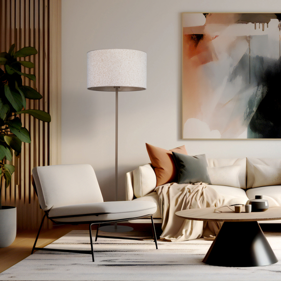 Piantana da terra moderna sabbia con paralume cilindro di tessuto beige