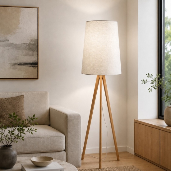 Piantana di legno scandinavo paralume di lino