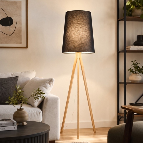 Piantana lampada scandinava tre piedi di legno paralume allungato nero