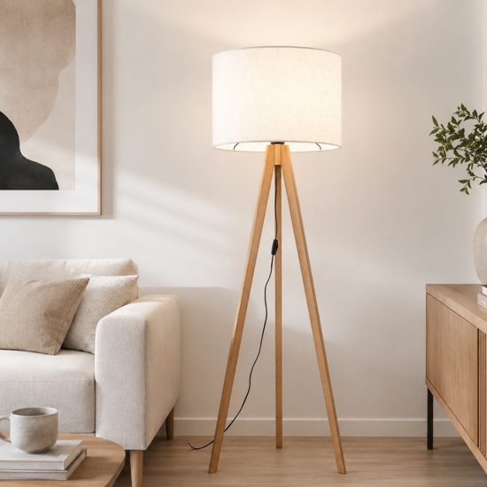Piantana tre piedi in legno pino scandinavo con paralume lino