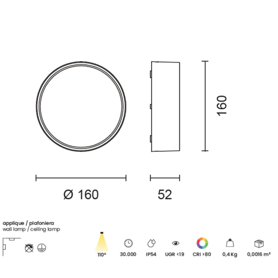 Ondaluce plafoniera da esterno patio rotonda antracite led 10w 3000k