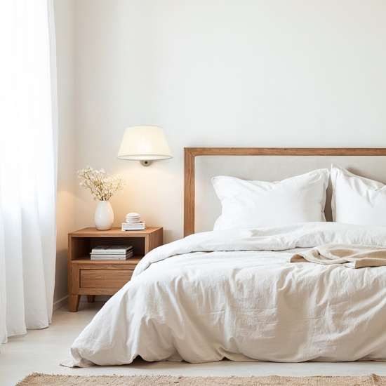 Applique con braccio orientabile beige in tessuto per comodino camera da letto
