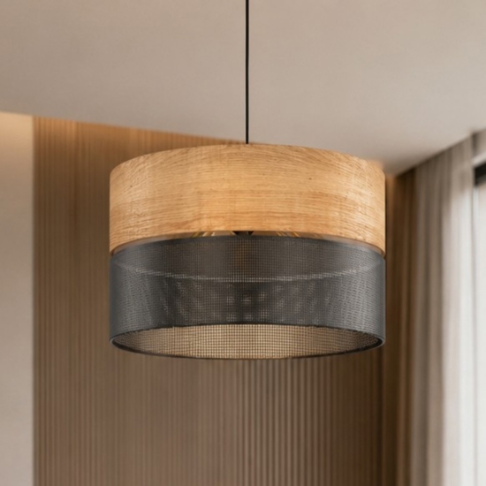 Lampadario a sospensione cilindro quercia nero bicolore per soggiorno