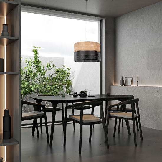 Lampadario a sospensione cilindro quercia nero bicolore per soggiorno