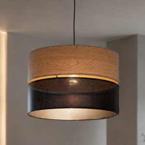 Lampadario a sospensione cilindro quercia nero moderno 38 cm