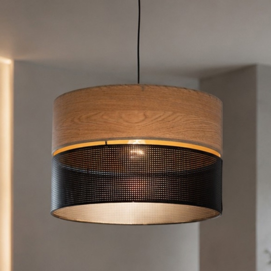 Lampadario a sospensione cilindro quercia nero moderno 38 cm