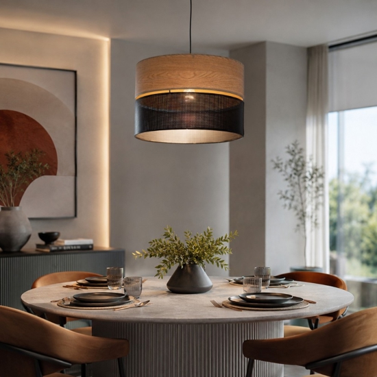 Lampadario a sospensione cilindro quercia nero moderno 38 cm