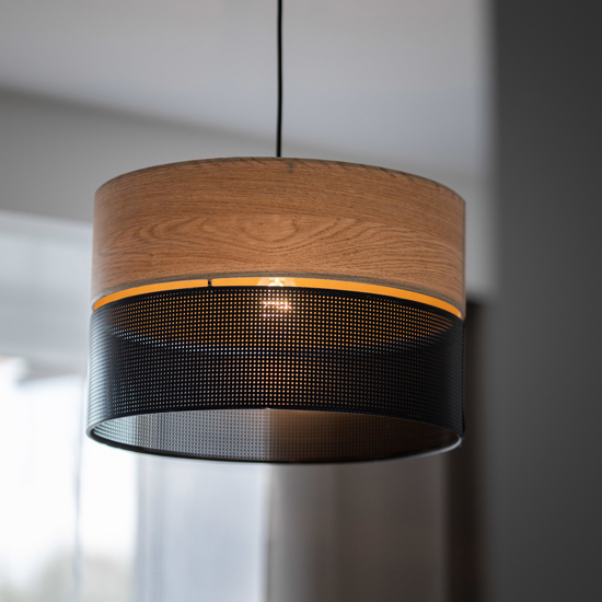 Lampadario a sospensione cilindro quercia nero moderno 38 cm