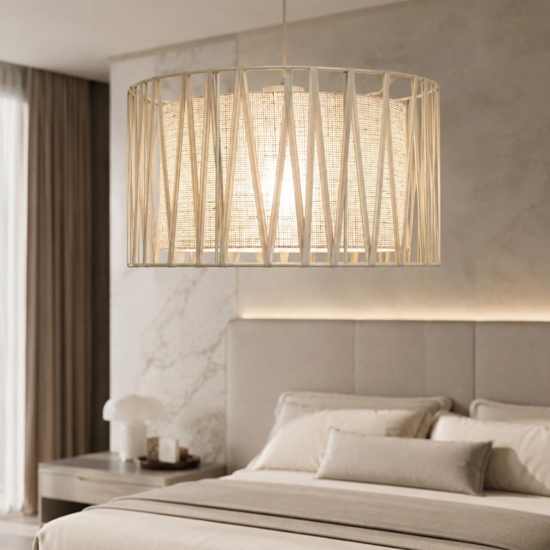 Lampadario a sospensione cilindro tessuto sabbia  40 cm per camera da letto