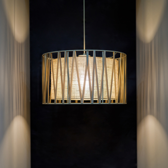 Lampadario a sospensione cilindro tessuto sabbia  40 cm per camera da letto