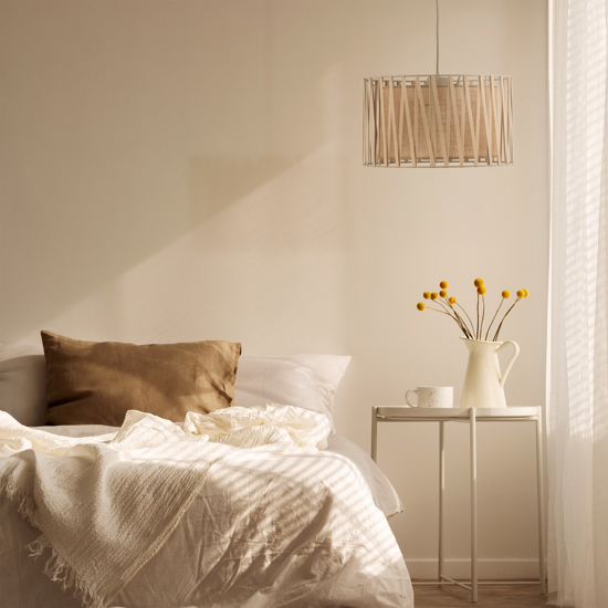 Lampadario a sospensione cilindro tessuto sabbia  40 cm per camera da letto