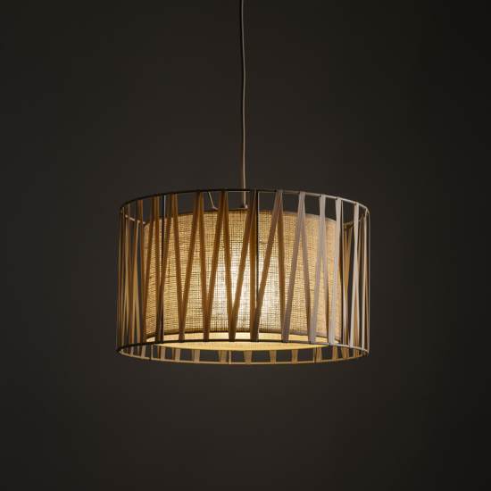 Lampadario a sospensione cilindro tessuto sabbia  40 cm per camera da letto