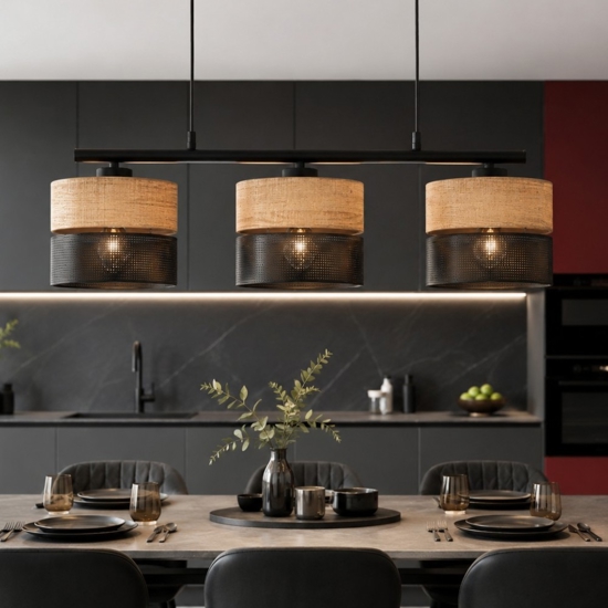 Lampadario nero 3 luci quercia per sala da pranzo moderna