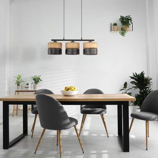 Lampadario nero 3 luci quercia per sala da pranzo moderna