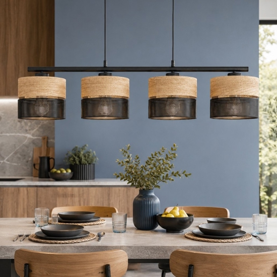 Lampadario 4 luci quercia nero a sospensione per cucina moderna