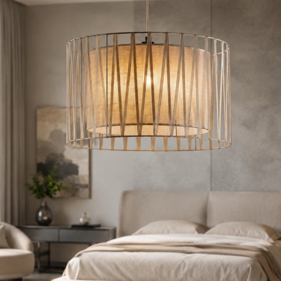 Lampadario di tessuto 50 cm sabbia cilindro intreccio per camera da letto