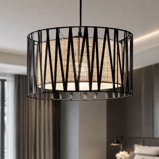 Lampadario tessuto nero design moderno cilindro per camera da letto