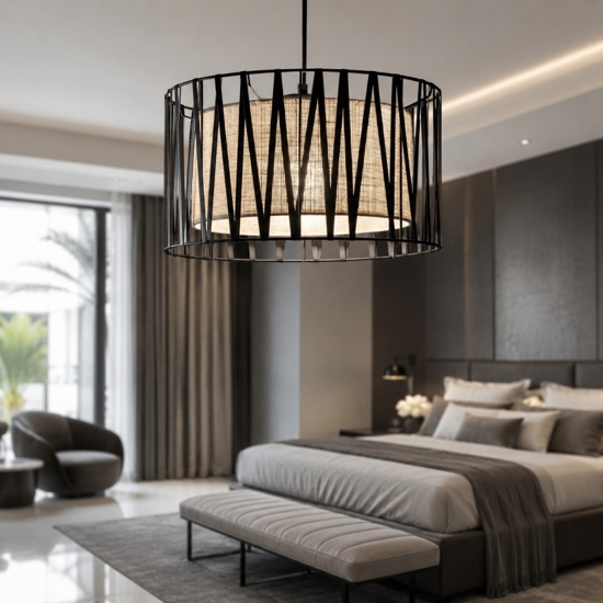 Lampadario tessuto nero design moderno cilindro per camera da letto