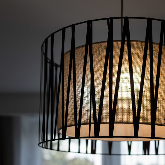 Lampadario tessuto nero design moderno cilindro per camera da letto