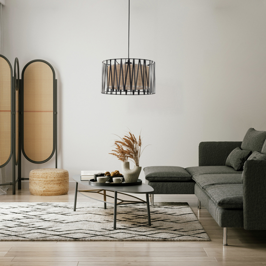 Lampadario tessuto nero design moderno cilindro per camera da letto