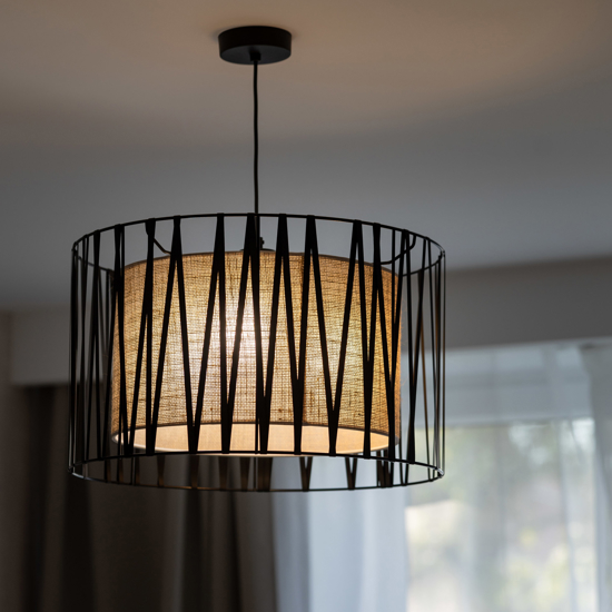Lampadario tessuto nero design moderno cilindro per camera da letto