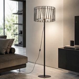Piantana nera design moderna paralume cilindro tessuto nero intrecciato
