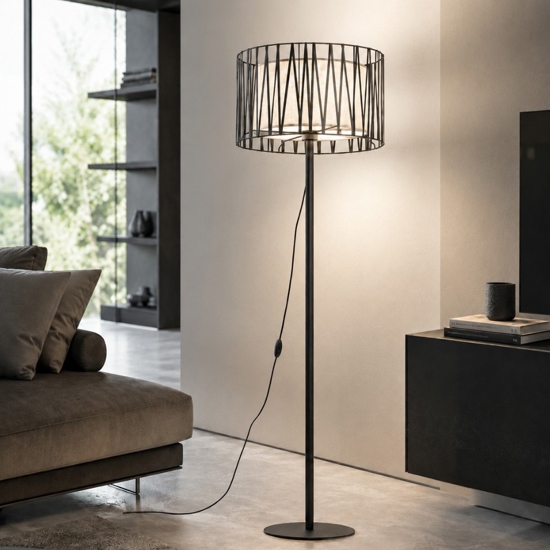 Piantana nera design moderna paralume cilindro tessuto nero intrecciato