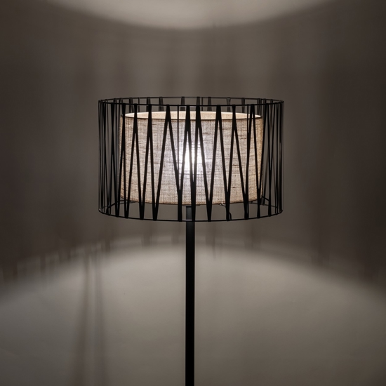 Piantana nera design moderna paralume cilindro tessuto nero intrecciato