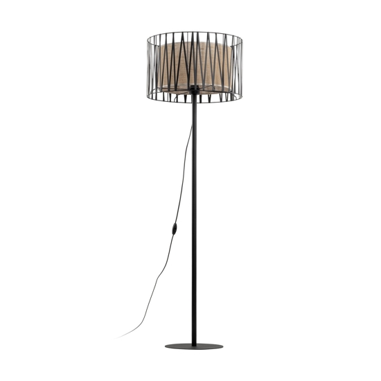 Piantana nera design moderna paralume cilindro tessuto nero intrecciato