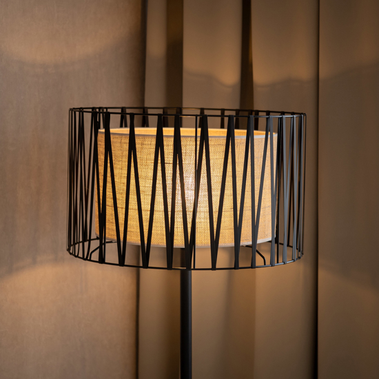 Piantana nera design moderna paralume cilindro tessuto nero intrecciato