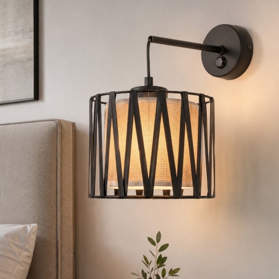 Applique da comodino in tessuto sabbia nero intrecciato per camera da letto