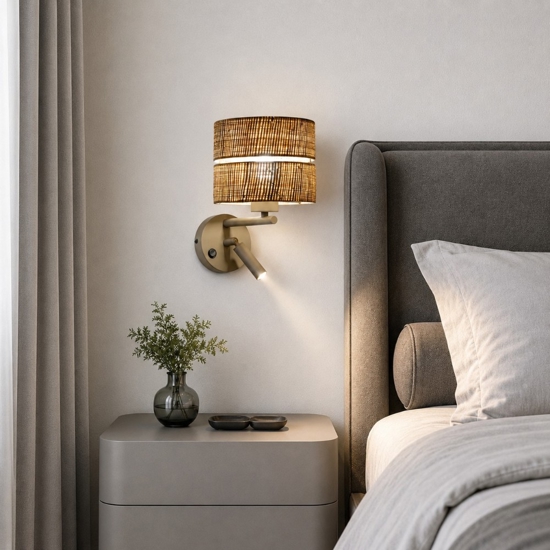 Applique sabbia da comodino con doppia luce paralume di paglia per camera da letto