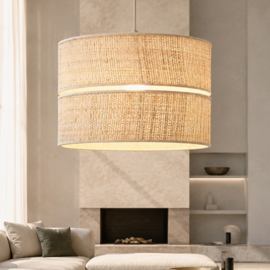 Lampadario a sospensione cilindro 38 cm di paglia per sala da pranzo