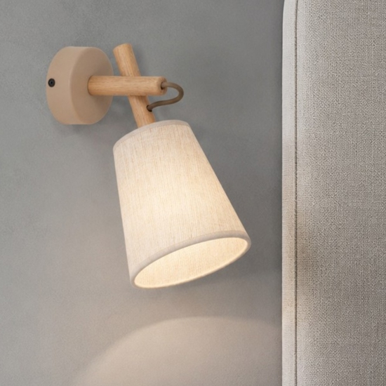 Applique di legno paralume di lino per comodino camera da letto