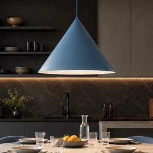 Lampadario cono 50 cm blu a sospensione di metallo per cucina moderna