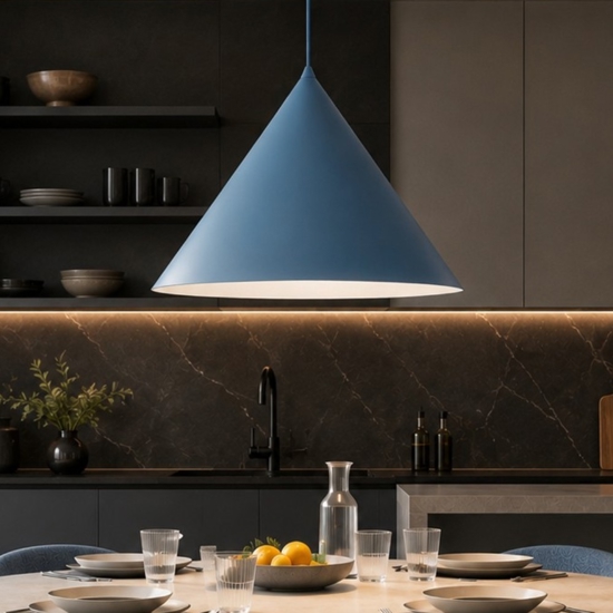 Lampadario cono 50 cm blu a sospensione di metallo per cucina moderna