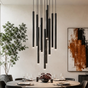 Lampadario nero con cilindri rigati pendenti a sospensione moderno per tavolo soggiorno