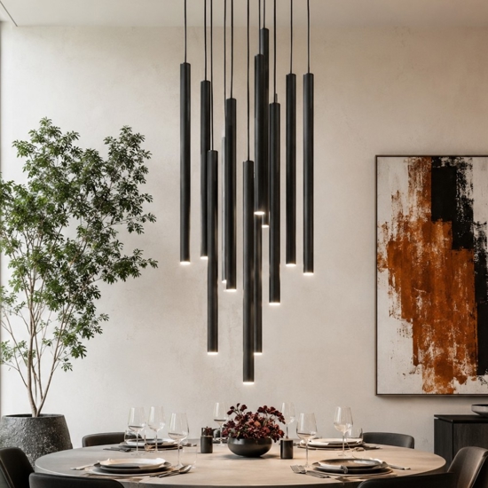 Lampadario nero con cilindri rigati pendenti a sospensione moderno per tavolo soggiorno