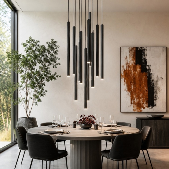 Lampadario nero con cilindri rigati pendenti a sospensione moderno per tavolo soggiorno